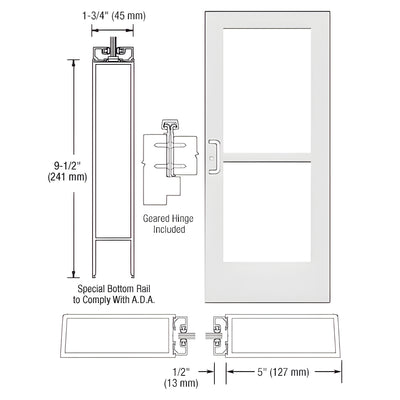 CRL-U.S. Aluminum White KYNAR® Paint Custom Single Series 550 Wide Stile Geared Hinge Entrance Door With Panic for Surface Mount Door Closer