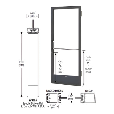 CRL-U.S. Aluminum Bronze Black Anodized 250 Series Narrow Stile Active Leaf of Pair 3'0 x 7'0 Offset Hung with Butt Hinges for Surf Mount Closer Complete Door Std. Lock and 9-1/2" Bottom Rail