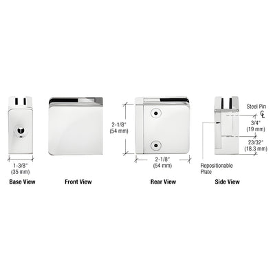 CRL Chrome Z-Series Square Type Flat Base Zinc Clamp for 3/8" and 1/2" Glass with Repositionable Plate