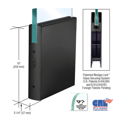CRL Black Powder Coated 3/4" Glass 10" Square Door Rail Without Lock - Custom Length