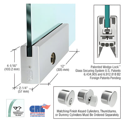 Brushed Stainless 4" Square DRS Door Rail With Lock for 3/4" Glass - 12" Length