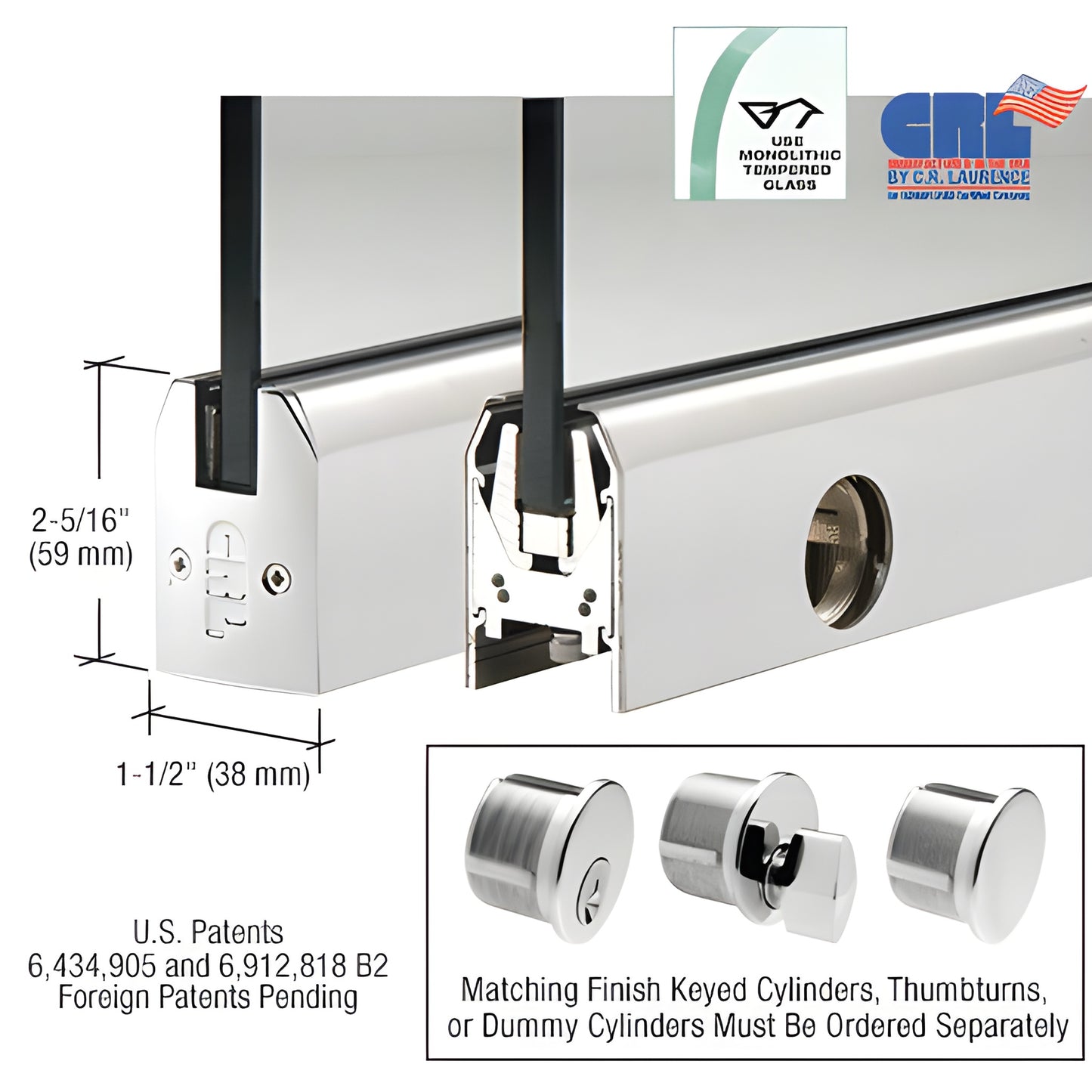 CRL Stainless 1/2" Glass Tapered Door Rail with Lock - Custom Length