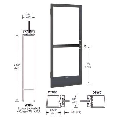 CRL-U.S. Aluminum Bronze Black Anodized 250 Series Narrow Stile (LHR) HLSO Single 3' x 7' Offset Hung with Butt Hinges for Surface Mount Closer Complete Panic Door for 1" Glass with Standard Panic and 9-1/2" Bottom Rail