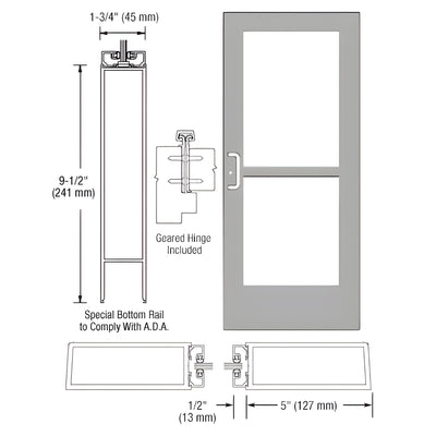 CRL-U.S. Aluminum Clear Anodized Custom Single Series 550 Wide Stile Geared Hinge Entrance Door With Panic for Surface Mount Door Closer