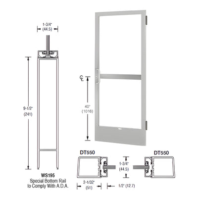 CRL-U.S. Aluminum Clear Anodized 250 Series Narrow Stile (RHR) HRSO Single 3' x 7' Offset Hung with Butt Hinges for Surf Mount Closer Complete Panic Door for 1" Glass with Standard Panic and 9-1/2" Bottom Rail