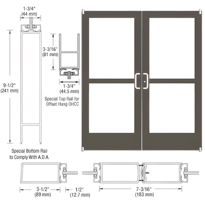 CRL-U.S. Aluminum Bronze Black Anodized Custom Pair Series 400 Medium Stile Offset Pivot Entrance Doors With Panics for Overhead Concealed Door Closers