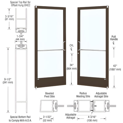 CRL-U.S. Aluminum Bronze Black Anodized Custom Pair Series 250 Narrow Stile Offset Pivot Entrance Door for Overhead Concealed Door Closers