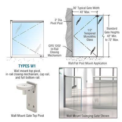 CRL Brushed Stainless 1202 Series Custom Wall Mounted Gate w/In-Rail Closing Mechanism, Cap Rail, and Full Bottom Rail