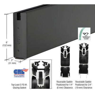 CRL Black Powder Coat 6" Custom Length Square Sidelite Rail for 3/8" and 1/2" Glass