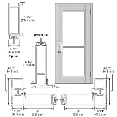 CRL-U.S. Aluminum Clear Anodized Custom Single Series 850 Durafront Wide Stile Butt Hinged Entrance Door For Panic and Surface Mount Door Closer