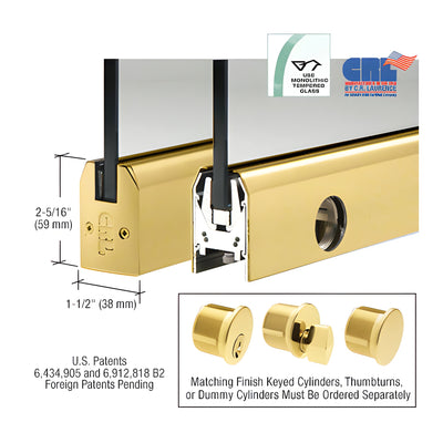 CRL Polished Brass 3/8" Glass Low Profile Tapered Door Rail With Lock - 35-3/4" Length