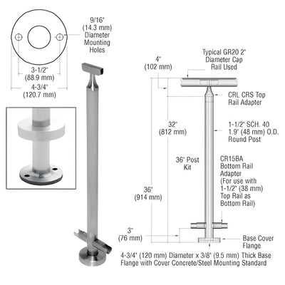 CRL Brushed Stainless 36" CRS Stainless Steel 180º Center Post Kit