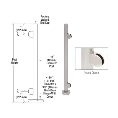 CRL Brushed Stainless 42" Steel Round Glass Clamp End Post Railing Kit