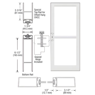 CRL-U.S. Aluminum White KYNAR® Paint Custom Single Series 400 Medium Stile Offset Hung Geared Hinge Entrance Door For Panic and Overhead Concealed Door Closer