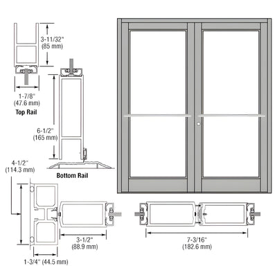 CRL-U.S. Aluminum Clear Anodized Custom Pair Series 800 Durafront Medium Stile Center Pivot Entrance Doors for Overhead Concealed Door Closers