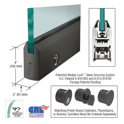 CRL Black Bronze Anodized 1/2" Glass 4" Tapered Door Rail With Lock - 35-3/4" Length