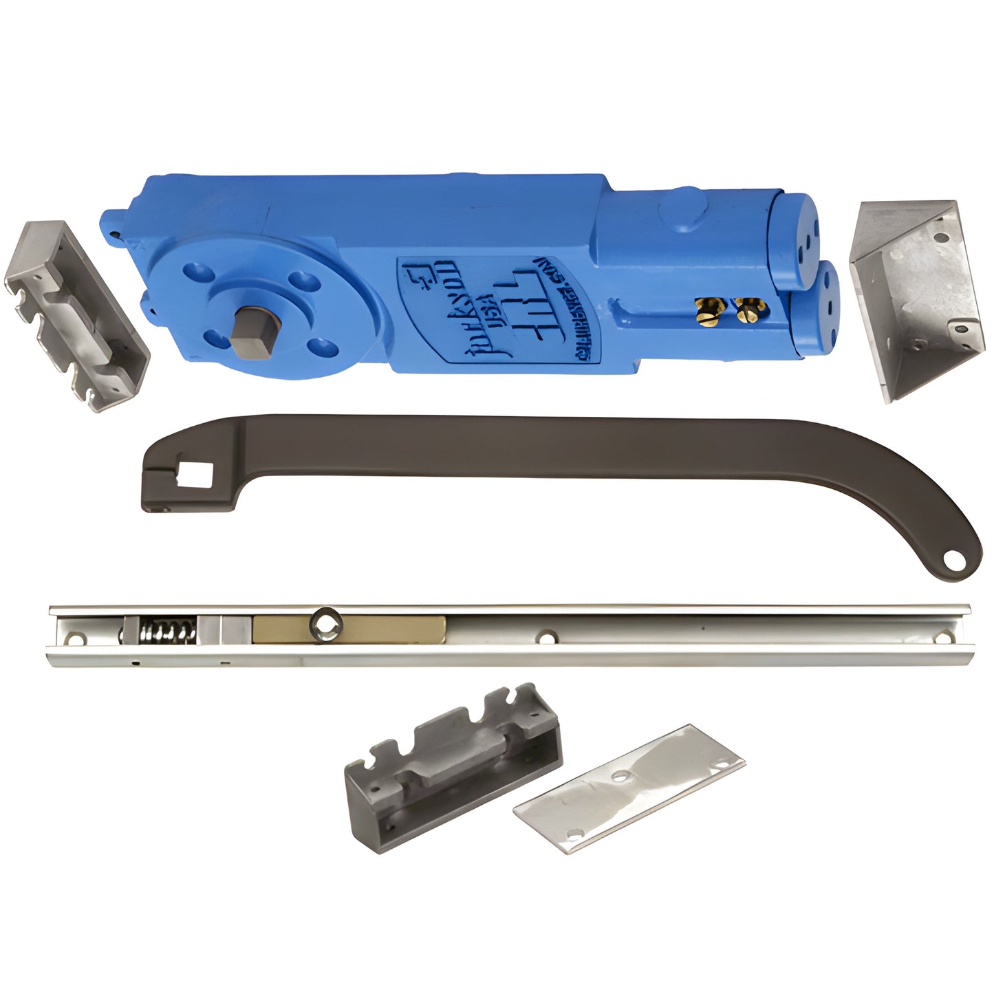 CRL Jackson overhead concealed closer kit (SKU 21201U31317) with blue closer body and dark bronze U-arm.