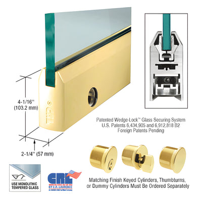 CRL Polished Brass 3/4" Glass 4" Tapered Door Rail With Lock - Custom Length