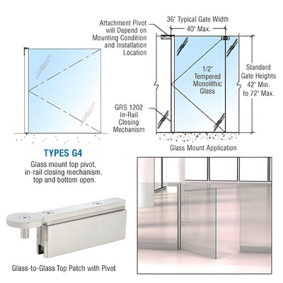 CRL Brushed Stainless 1202 Series Custom Glass-to-Glass Mounted Gate w/In-Rail Closing Mechanism, Top and Bottom Open
