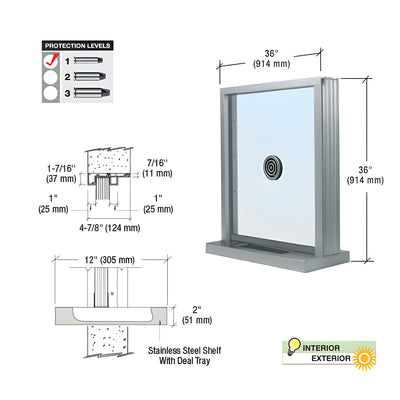CRL Satin Anodized Bullet Resistant 36" Wide Exterior Window with Speak-Thru and Shelf with Deal Tray for Walls 4-7/8" Thick
