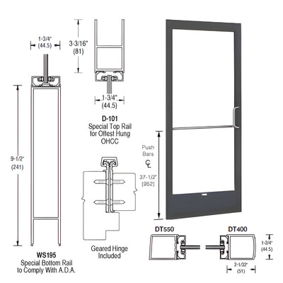 CRL-U.S. Aluminum Bronze Black Anodized 250 Series Narrow Stile Inactive Leaf of Pair Offset Hung with Geared Hinged for OHCC 105º Closer Complete ADA Door(s) with Lock Indicator, Cyl Guard