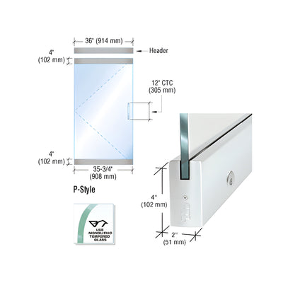 CRL Dry Glazed Frameless Glass 3'-0" P-Style Satin Anodized Single Door Complete Entrance Kit - with Lock