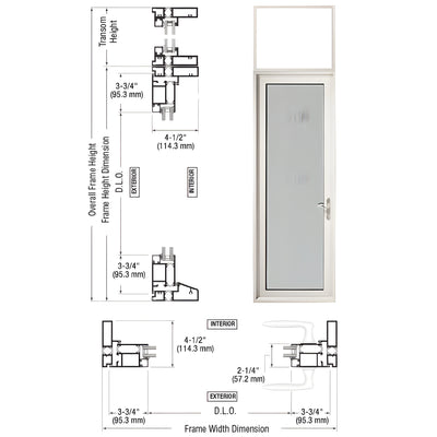 CRL Custom Series 925 White KYNAR® Paint Hinged Right Swing Out Patio Single Door with Transom Frame, 3-3/4" Bottom Rail and Low Profile Threshold