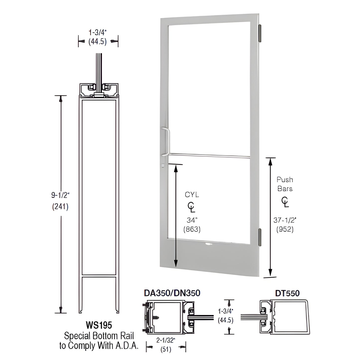 CRL-U.S. Aluminum 250 Clear 3x7 Storefront Door 1in Glass Closer+Lock