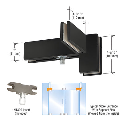 DORMAKABA® Matte Black Left Hand Sidelite Mounted Transom Patch Fitting with Support Fin Bracket