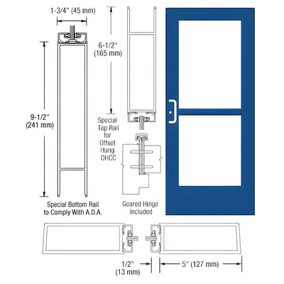 CRL-U.S. Aluminum Custom KYNAR® Paint Custom Single Series 550 Wide Stile Geared Hinge Entrance Door with Panic for Overhead Concealed Door Closer for Overhead Concealed Door Closer