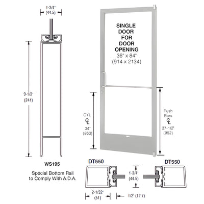 CRL-U.S. Aluminum Clear Anodized 250 Series Narrow Stile (RHR) HRSO Single 3'0 x 7'0 Offset Hung with Pivots for Surface Mount Closer Complete ADA Door, Lock Indicator, Cylinder Guard - for 1" Glazing
