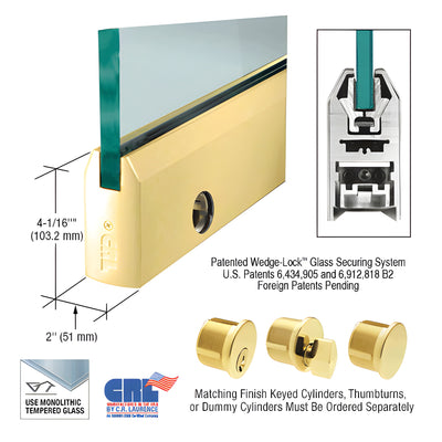 CRL Polished Brass 1/2" Glass 4" Tapered Door Rail With Lock - 35-3/4" Length