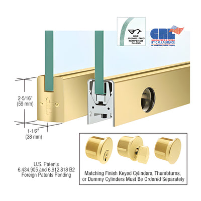 CRL Satin Brass 1/2" Glass Low Profile Square Door Rail With Lock - Custom Length