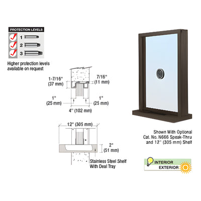 CRL Duranodic Bronze Anodized Aluminum Narrow Inset Frame Exterior Glazed Exchange Window with 12" Shelf and Deal Tray