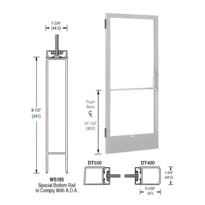 CRL-U.S. Aluminum Clear Anodized 250 Series Narrow Stile Inactive Leaf of Pair 3'0 x 7'0 Offset Hung with Butt Hinges for Surf Mount Closer Complete Door Std. Lock and 9-1/2" Bottom Rail for 1/4" Glass with Standard MS Lock and Bottom Rail