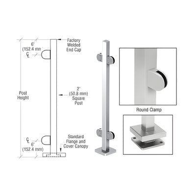 CRL Polished Stainless 36" Steel Square Glass Clamp 180 Degree Center Square Post Railing Kit