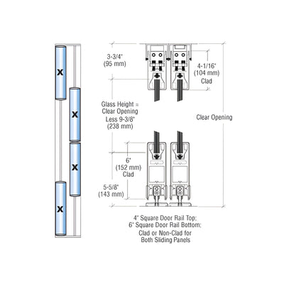 CRL Brushed Stainless XXXX Format Sliding Door Entrance System - 4" Square Top 6" Square Bottom Rail