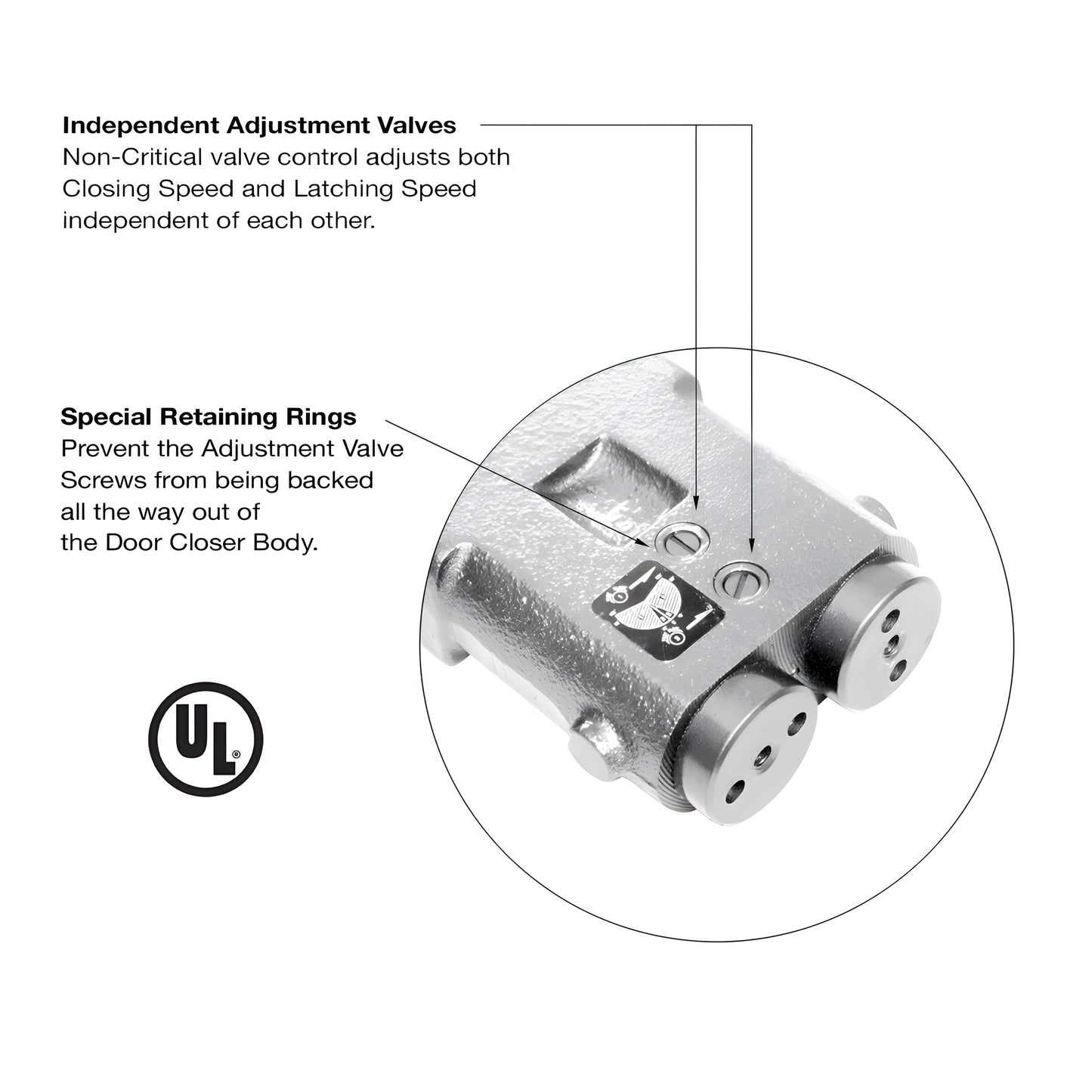 CRL7070 silver overhead concealed door closer body with spindle and two mounting clips, for double-acting doors.