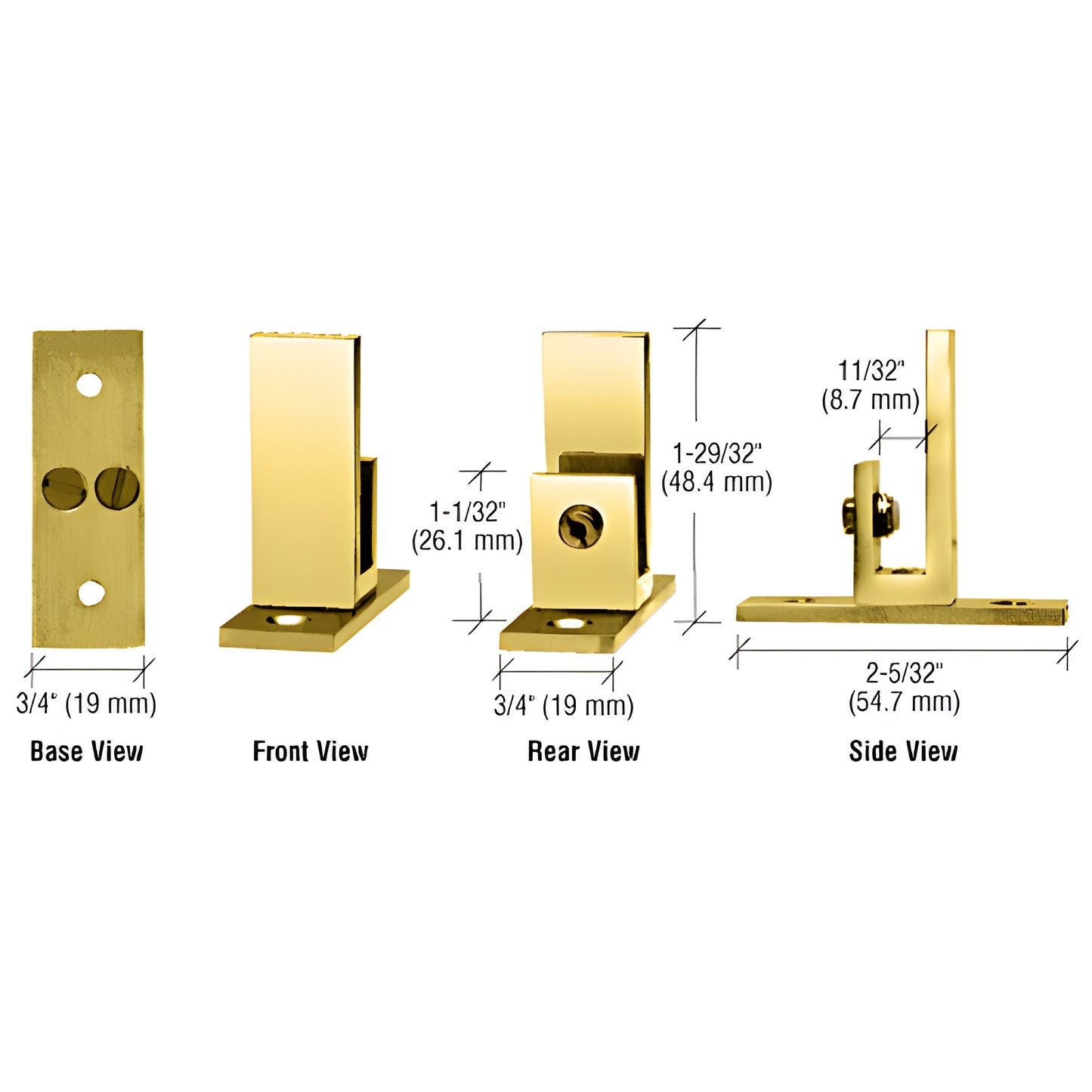 EH52 polished brass long-leg set-screw glass clamp, front/rear/side/base views, fits 1/4-5/16" (6-8 mm) tempered glass