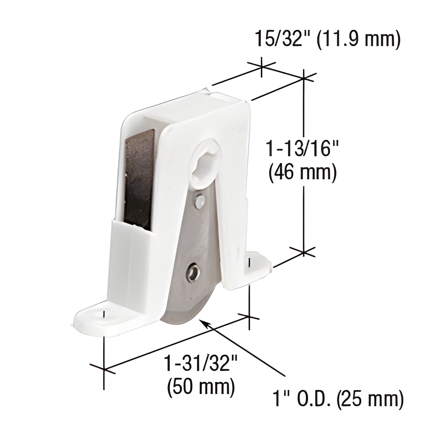 B751 Andersen bottom roller assembly - white nylon housing, stainless steel 1" grooved wheel, adjustable cam, 15/32" wide.