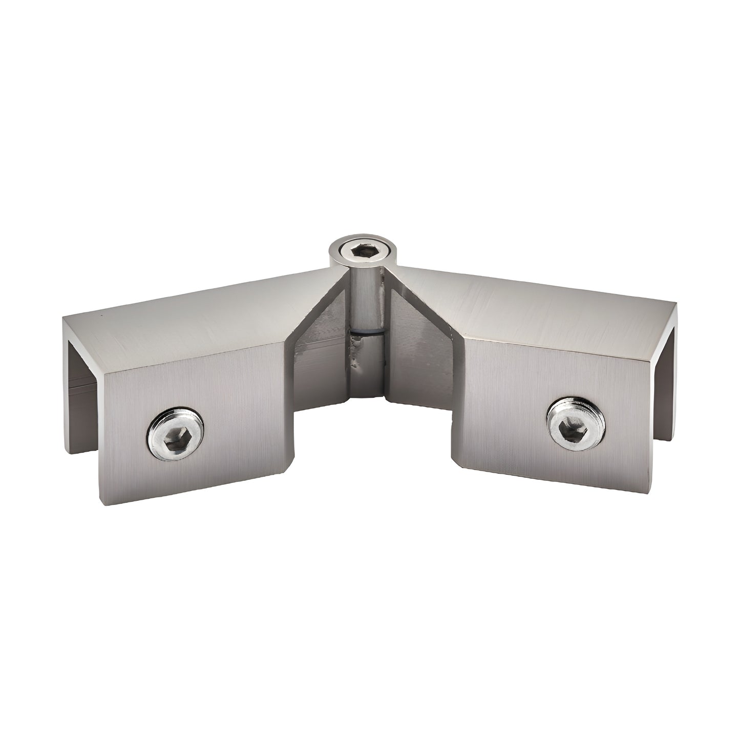 Brushed nickel brass sleeve-over glass clamp hinge (SKU S0GC91BN) for 8-12mm glass, adjustable 90 -180 , includes gaskets.