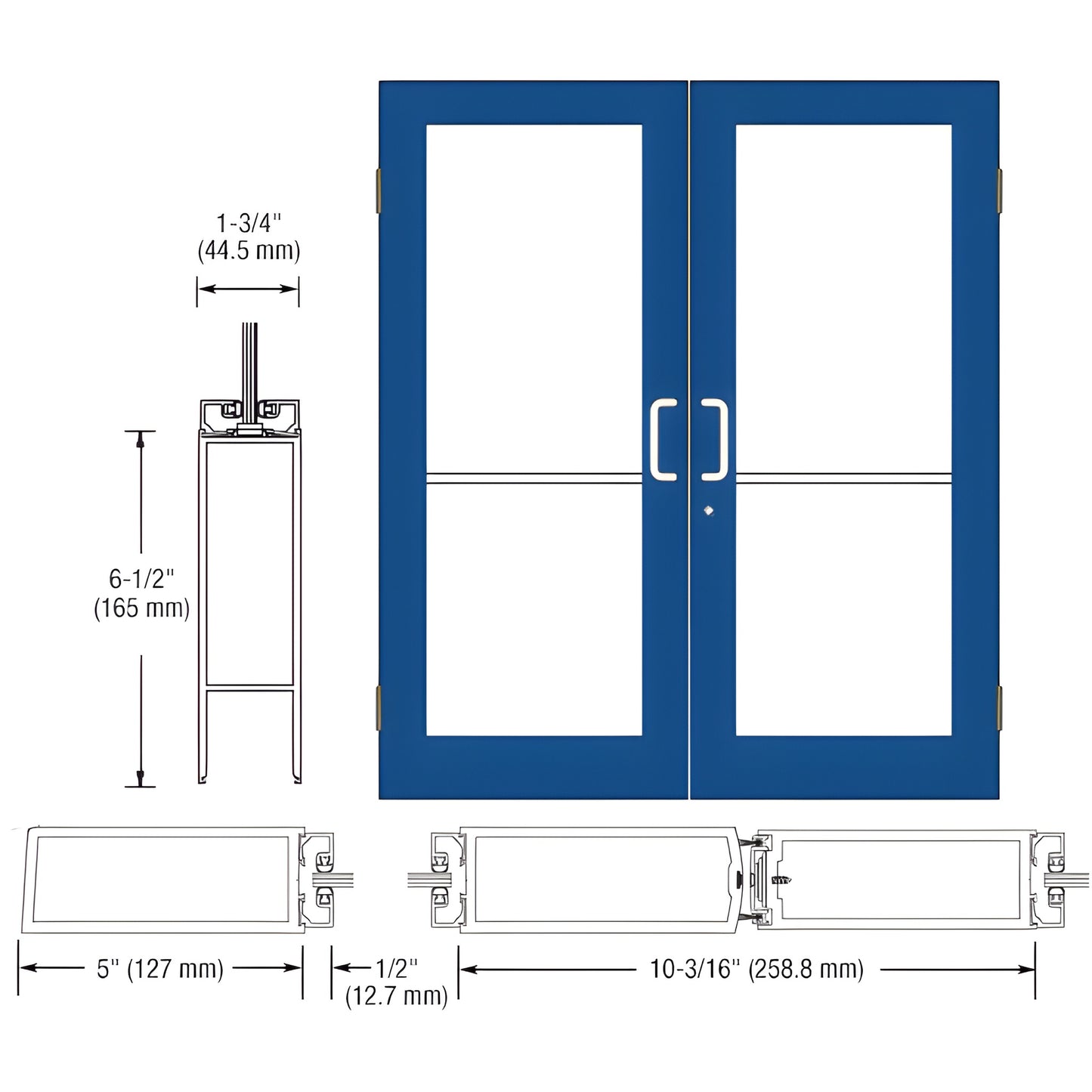 Blue custom wide-stile double entrance door with glass panels, 5 in stiles, 6.5 in bottom rail, SKU DC52571