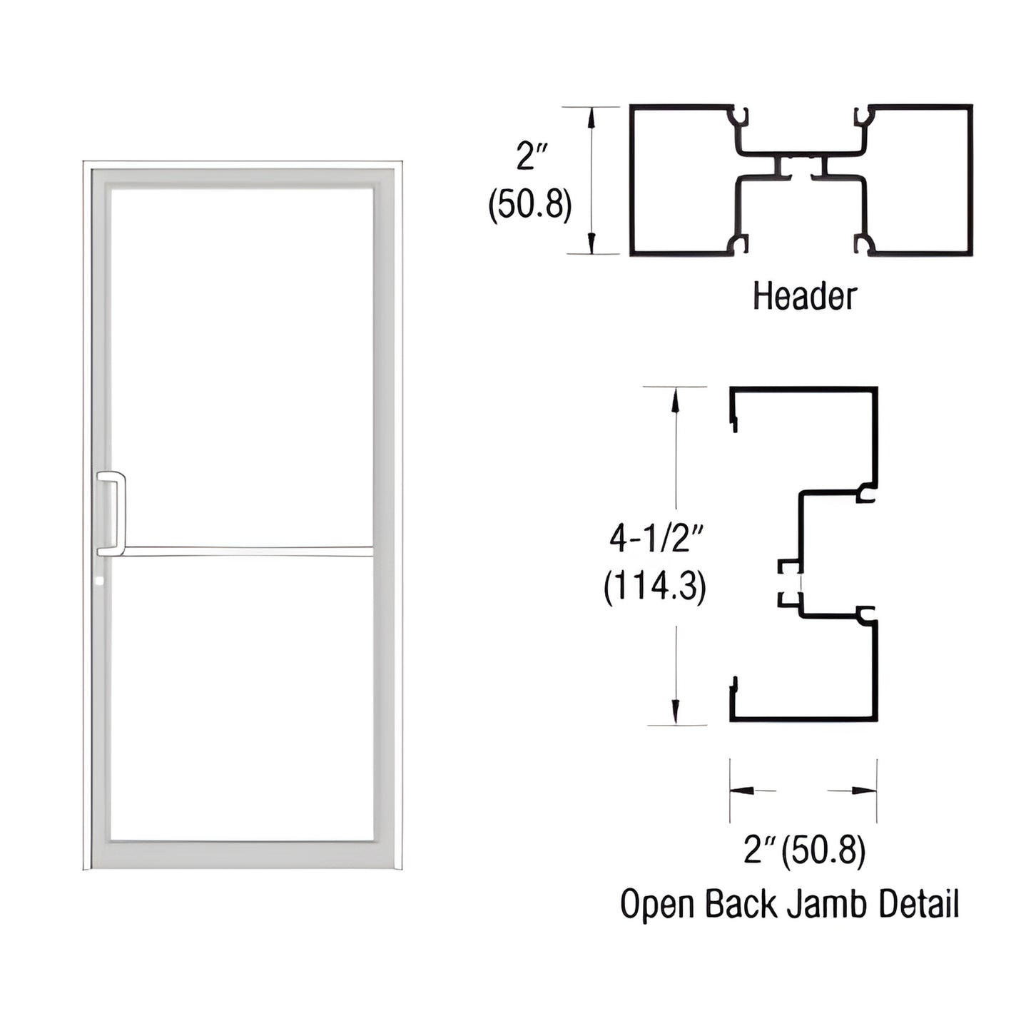 White Kynar aluminum up-and-over door frame (36x84) with open-back jambs diagram, 2" x 4-1/2" profiles. SKU 1B71452