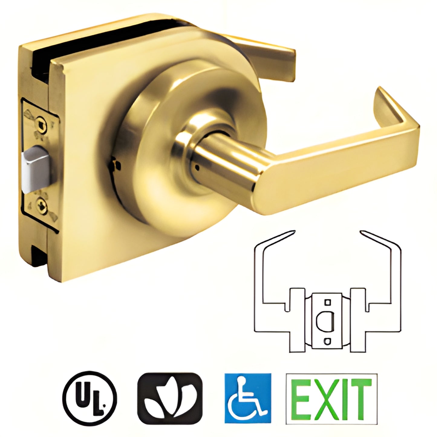 Polished brass LH10PB low-profile round lever lock housing for 3/8-1/2 in glass doors, ADA-compliant