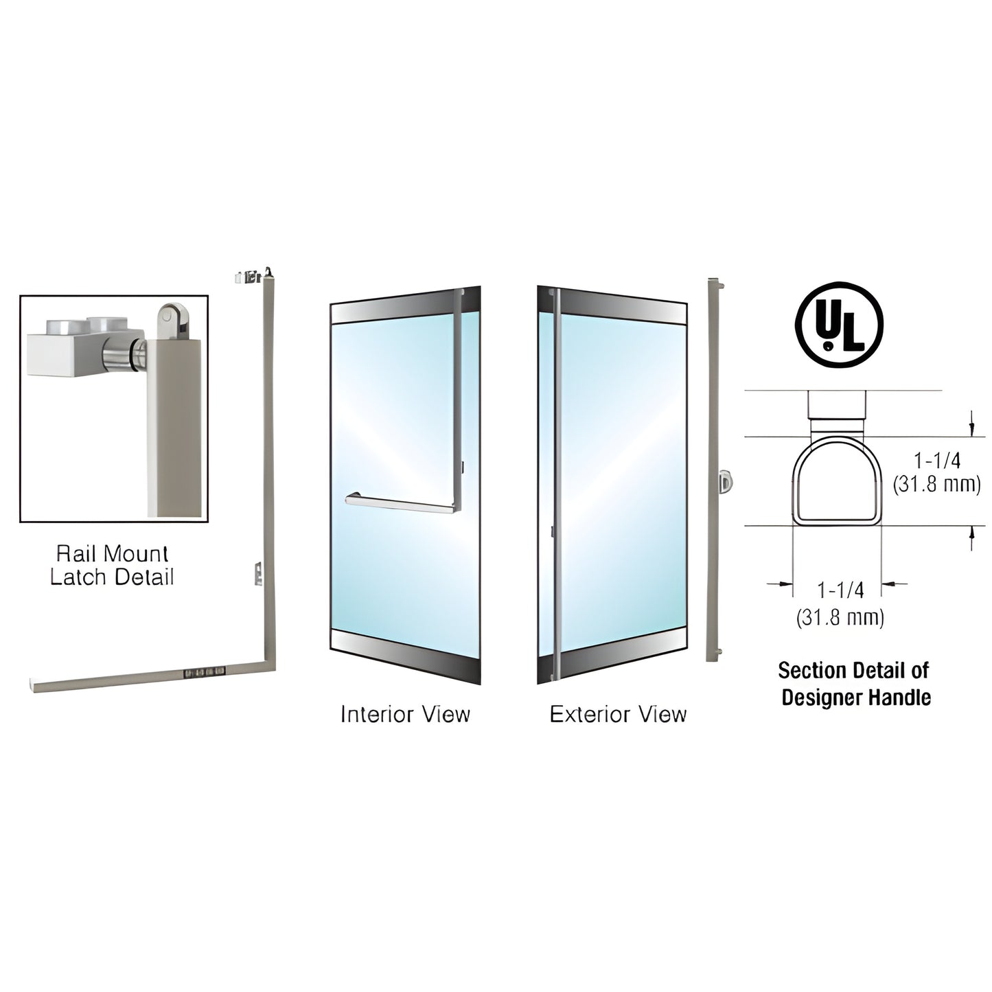 PA100 stainless steel 1-1/4" D shape rail mount panic handle for tempered glass doors, brushed finish - SKU 3DP100F3RKBS