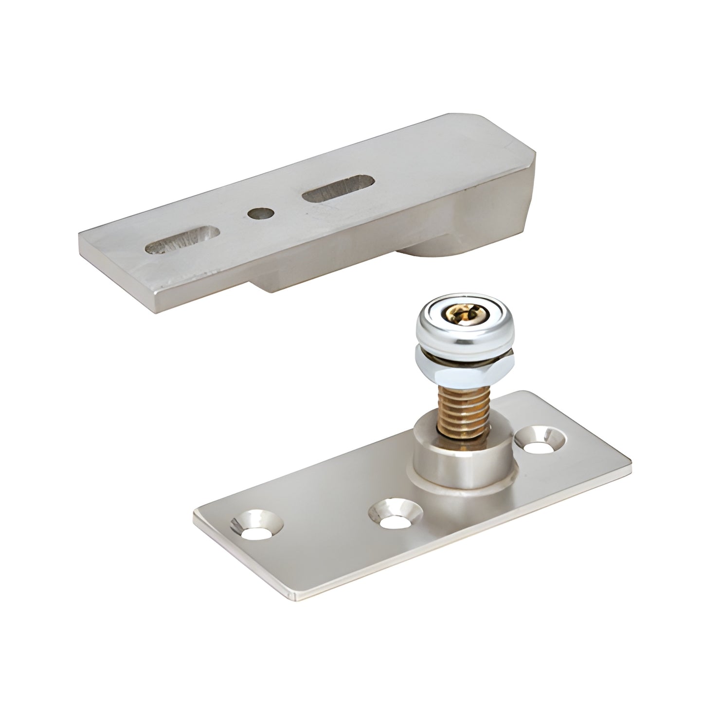 J10FPBS heavy-duty floor pivot hinge set - satin-finish plates with adjustable pivot pin for doors