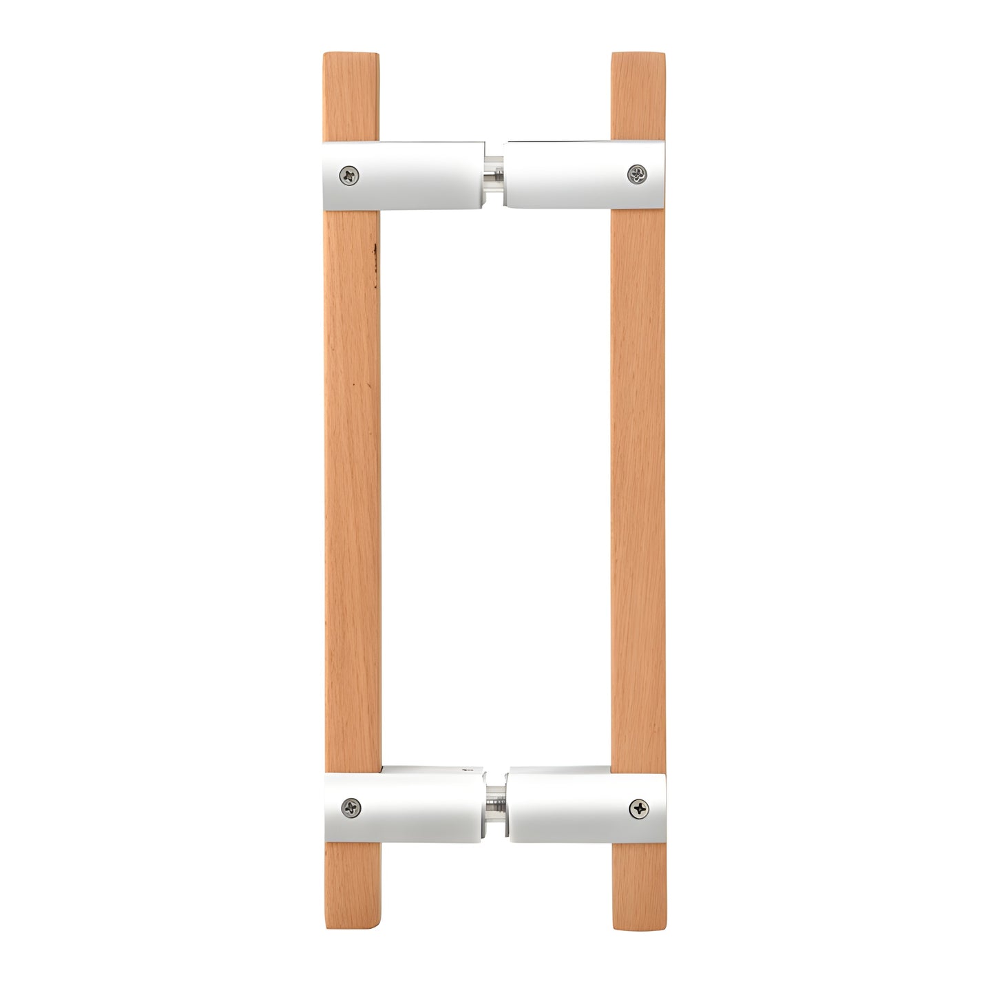 Beech wood back-to-back sauna door pull with polished stainless steel mounts, SKU SA6X6PS