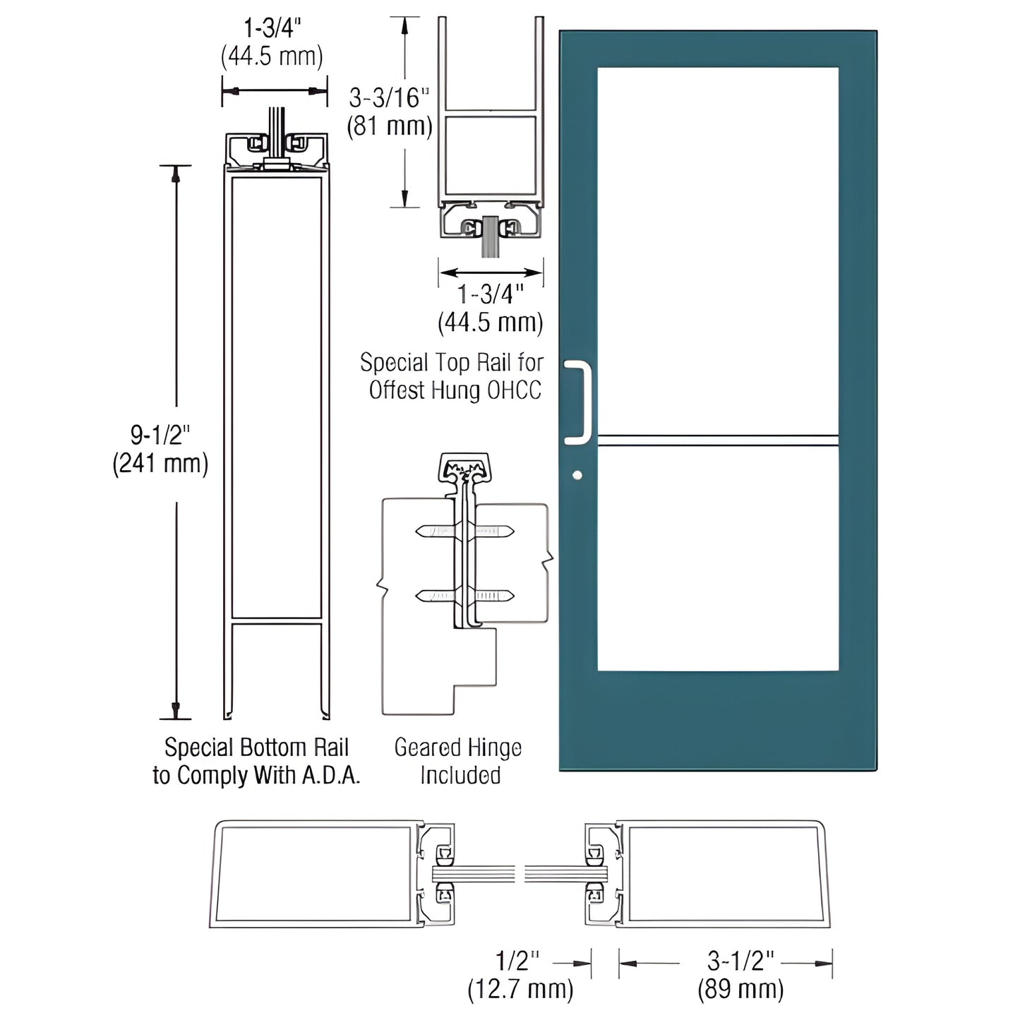 CRL Custom Medium Stile entrance door (SKU CD41971), teal frame, two glass lites, 9.5" ADA bottom rail, geared hinge shown