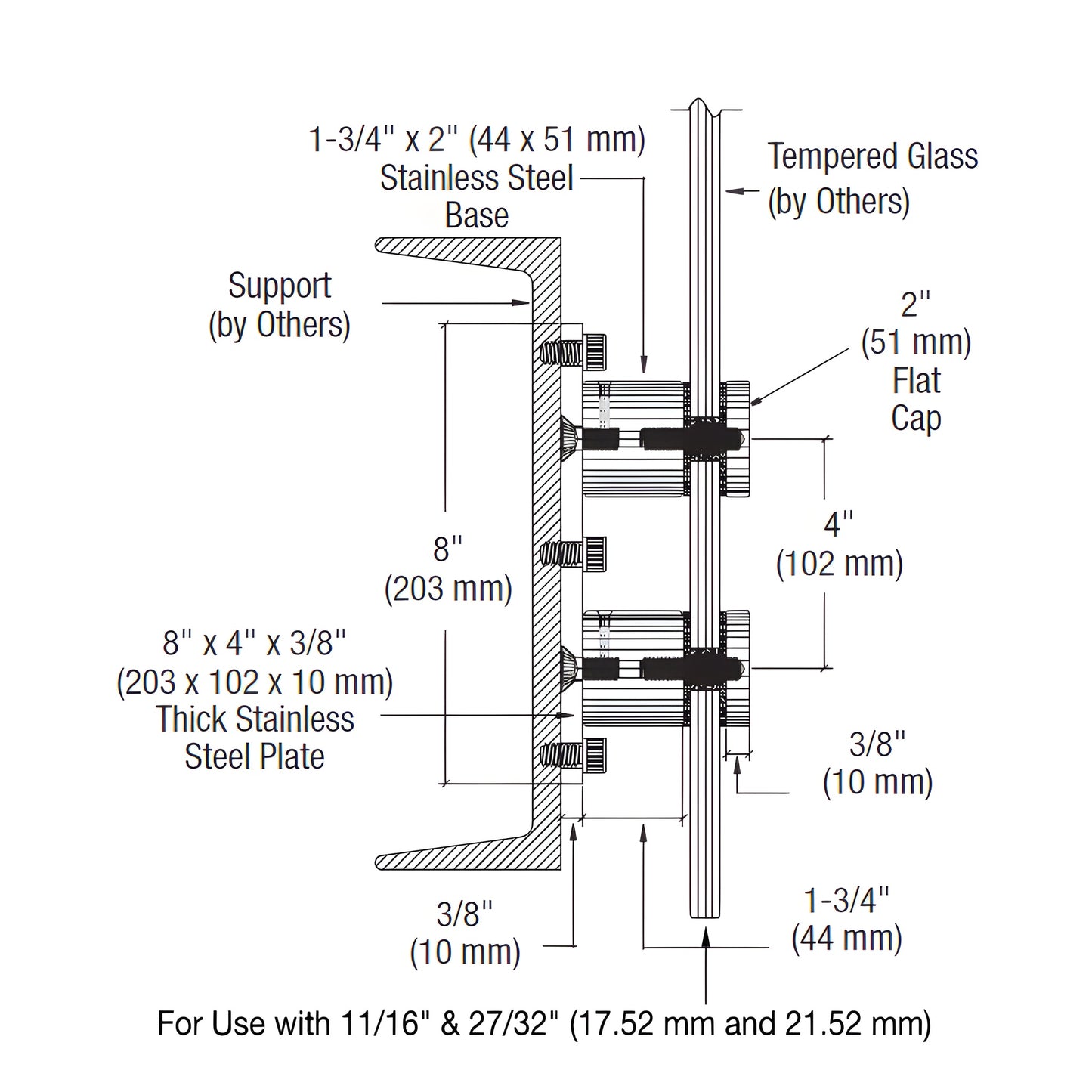 Brushed stainless steel double standoff on rectangular mounting plate, 2" caps for laminated glass. SKU RS0B20BS