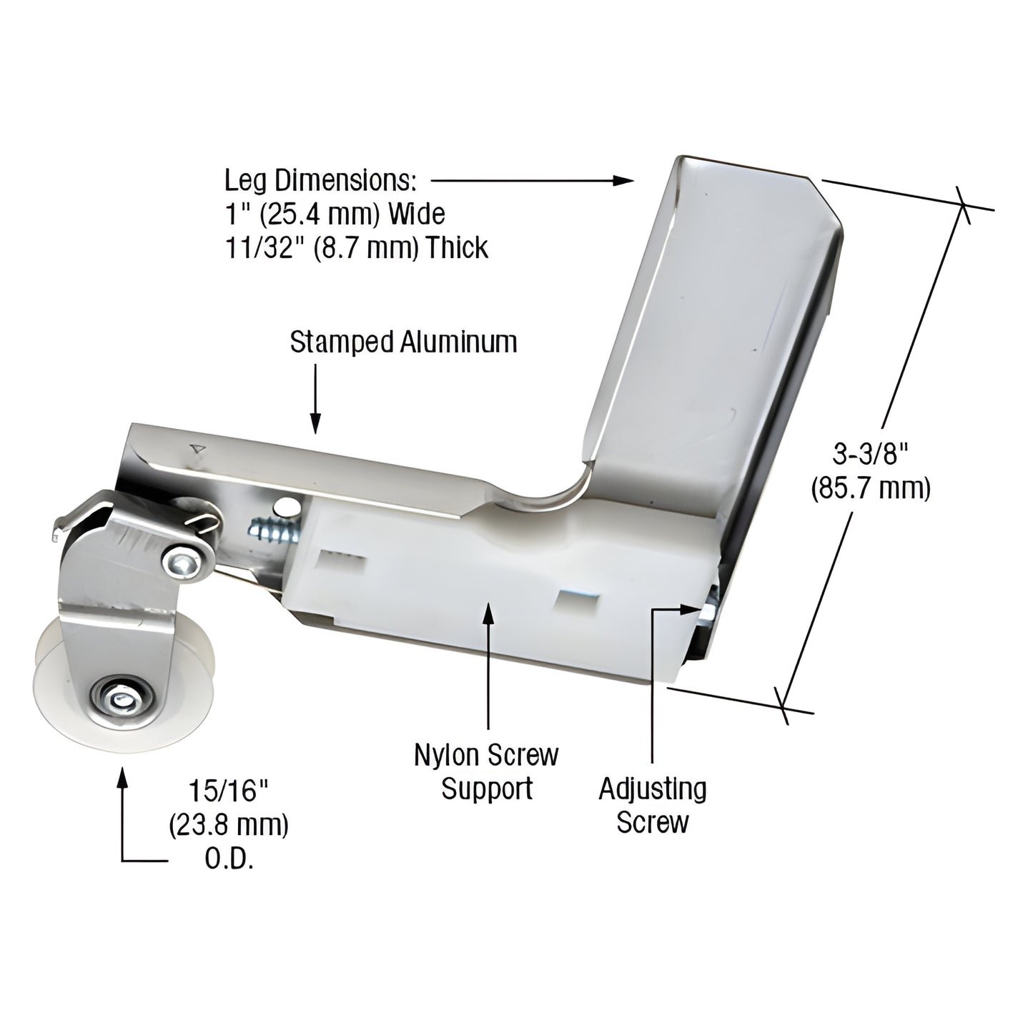 Aluminum corner insert (SKU B773) with nylon 15/16 roller and adjusting screw, 3-3/8 height, for vintage Jim Walters screen